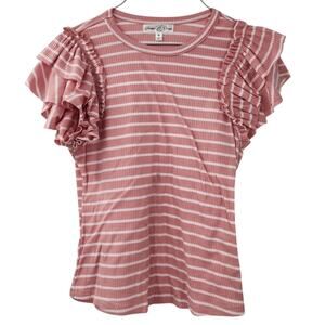 Stem & Vine Pink Striped Ruffle Short Sleeve Top Womens Size Medium